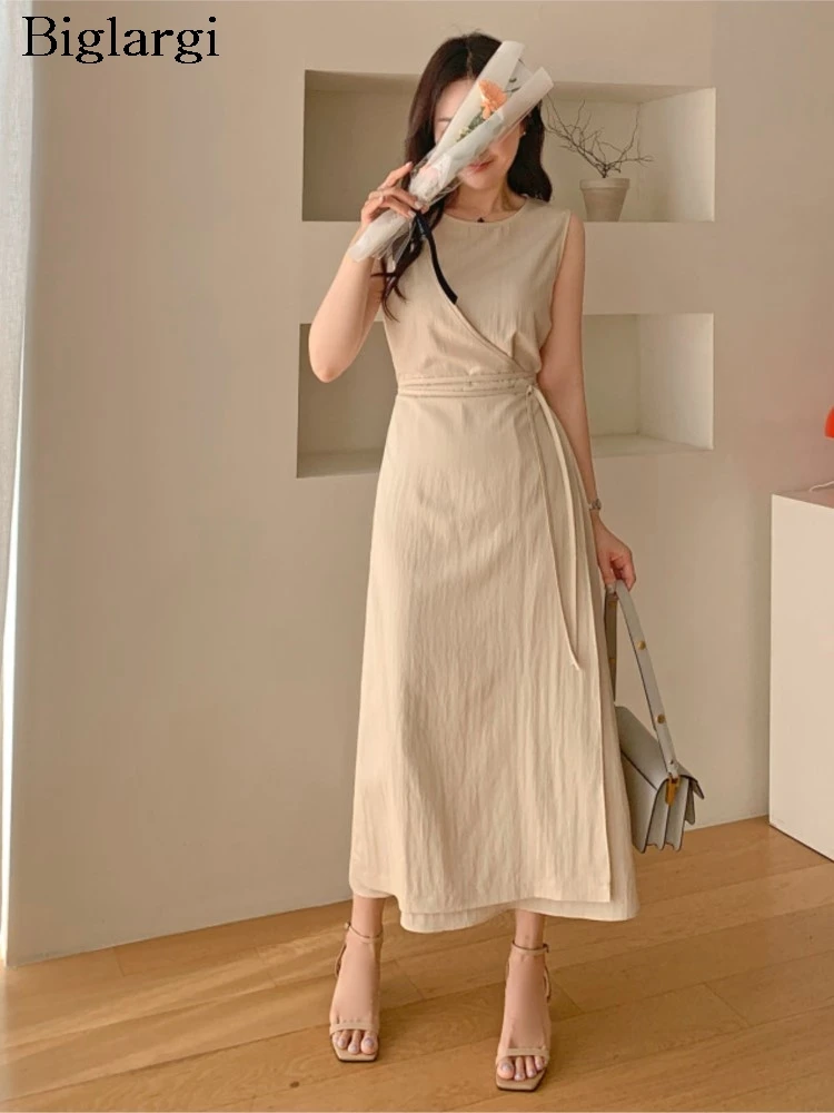 

Summer Sleeveless Dress Women Slim Waist Fashion Irregular Pleated Ladies Dresses Korean Style Loose Woman Long Vests Dress