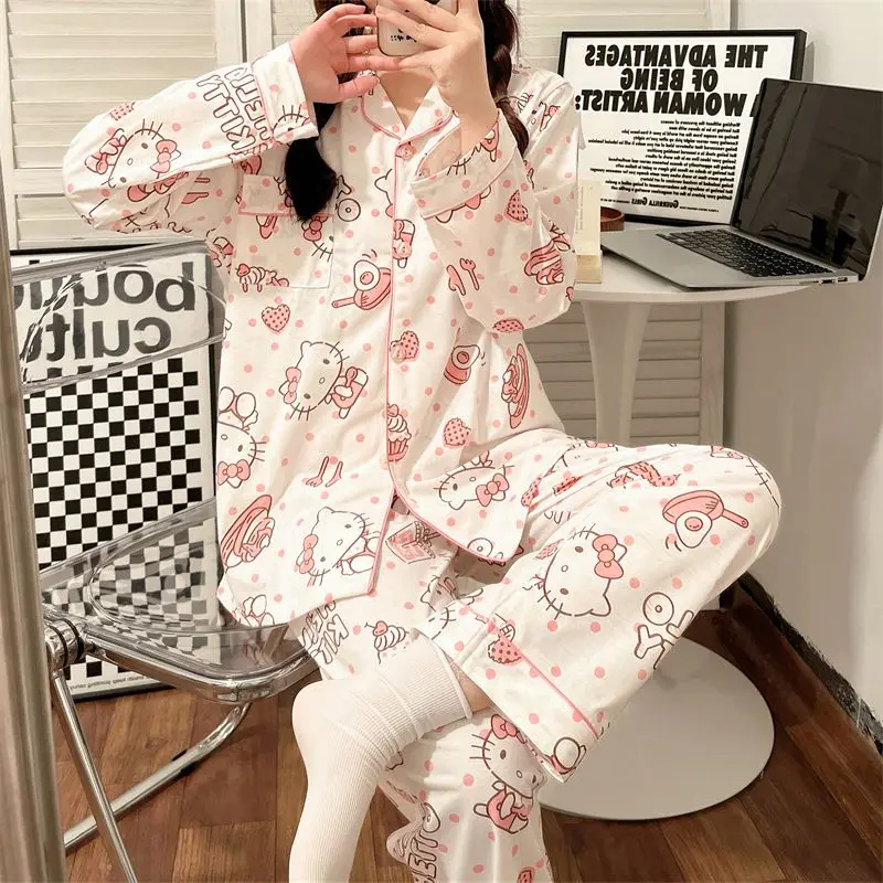 

Kawaii Sanrio Autumn Thin 2Pieces Pyjamas Set Hello Kitty My Melody Home Clothes Summer Femme Nightgown Cartoon Printing