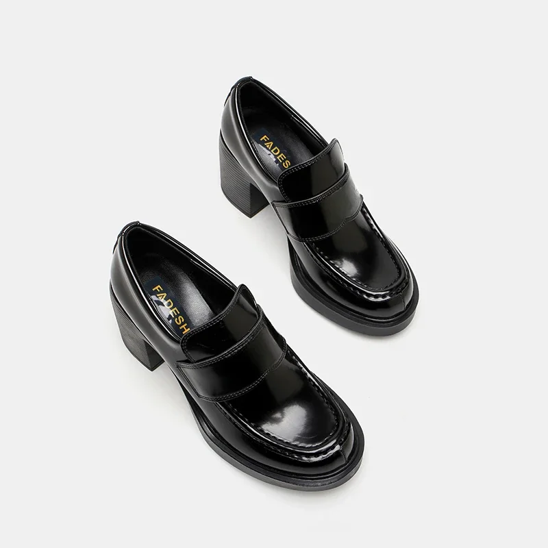 Women's One Pedal Loafer High Heel Lace-up Leather Shoes 2024 New Thick Bottom Metal Buckle British Style Chunky Heel