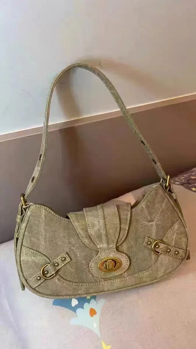 Y2K Green Rivet Canvas Shoulder Bag-Giltoria