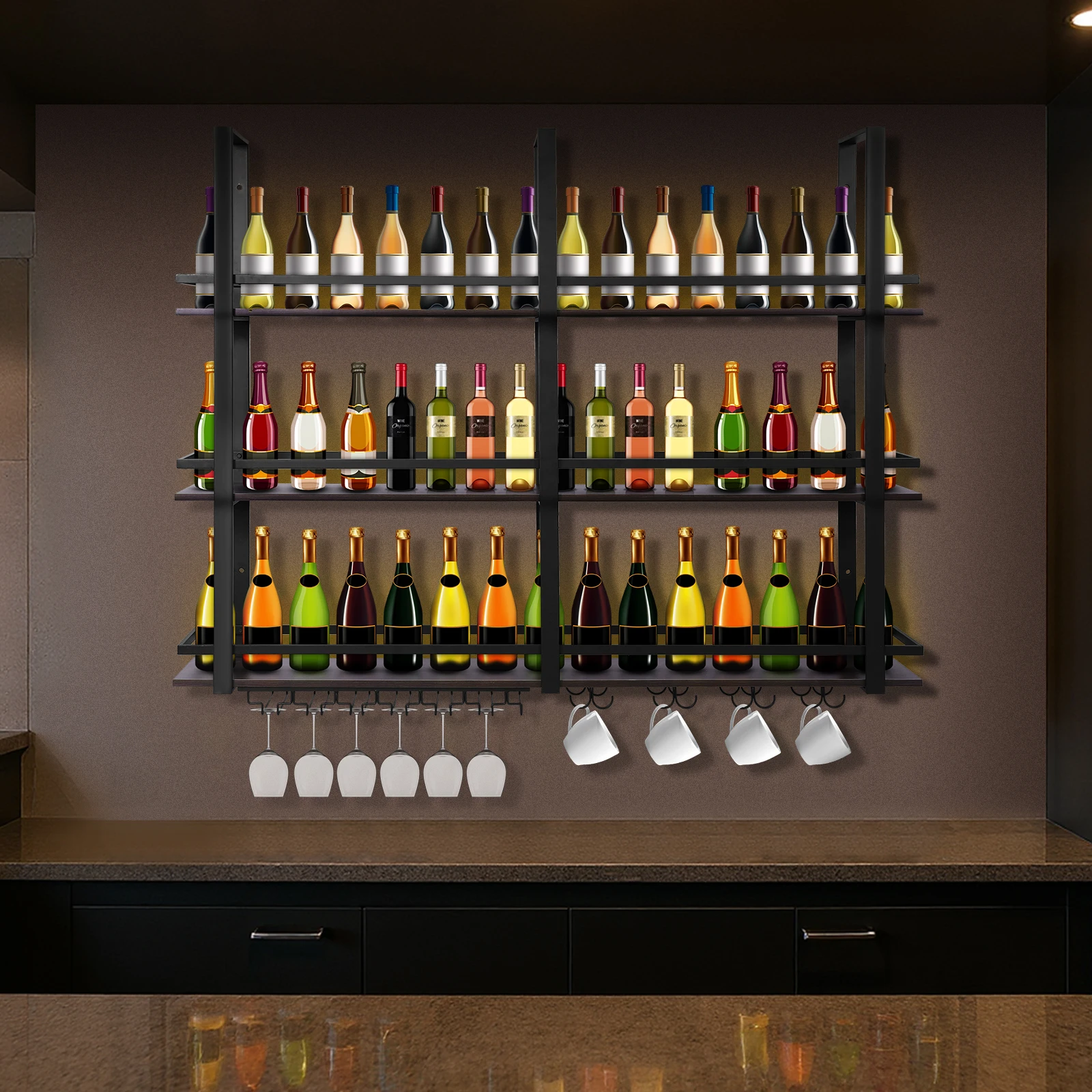 Wall Mounted Wine Rack with Glass Holder Metal Bar Shelves 47in ...