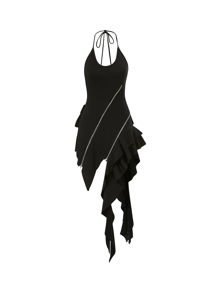 

Fashion Zipper Irregular Design Black Dress