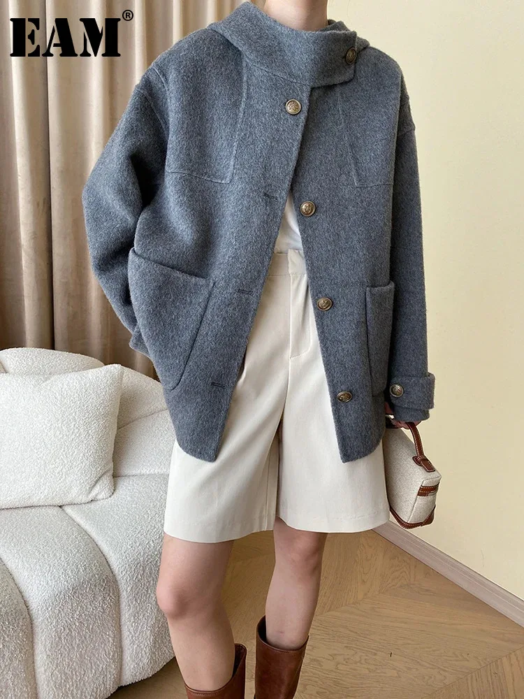 

[EAM] Loose Fit Gray Big Size Pocket Woolen Coat New Hooded Long Sleeve Women Jacket Fashion Tide Autumn Winter 2024 1DH0931
