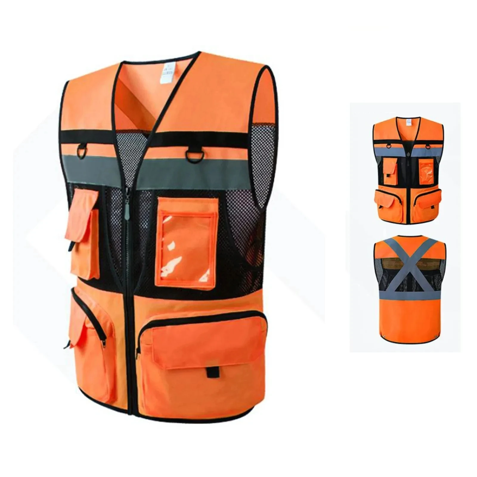 High Visibility Reflective Safety Vest Zippered Work Clothes Fishing Net Multi-Pocket Traffic Construction Night Safety Clothing