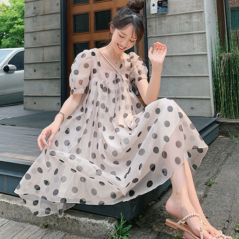 

Summer Sweet Polka Dot Mesh Dress Women Korean Loose Puff Sleeve Backless Bow Bandage Mini Dresses Female
