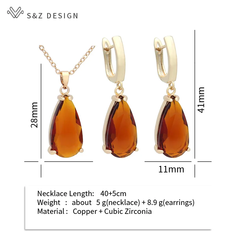 S&Z DESIGN New Fashion Water Drop Cubic Zirconia Dangle Earrings Jewelry Sets For Women Girls Party Necklace Pendant