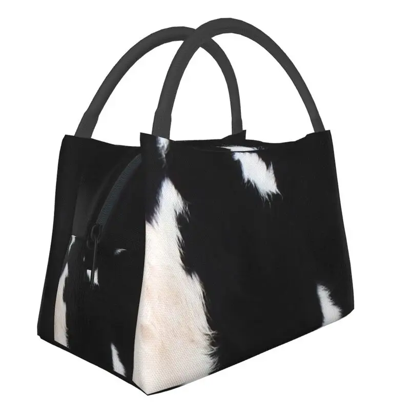 

Smooth Rustic Black Cow Hide Print Portable Lunch Box for Women Multifunction Animal Cowhide Texture Cooler Food Lunch Bag