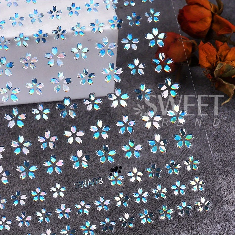 2/3pcs Holographic Sakura Flower Nail Stickers Cherry Blossom Petal Design Silver Gold Floral Summer Adhesive Decal Manicure Tip