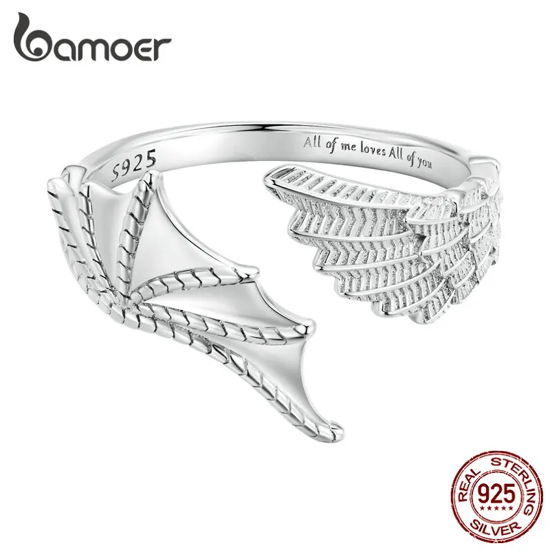 Bamoer 925 Sterling Silver Angel and Demon Wing Opening Ring Lover