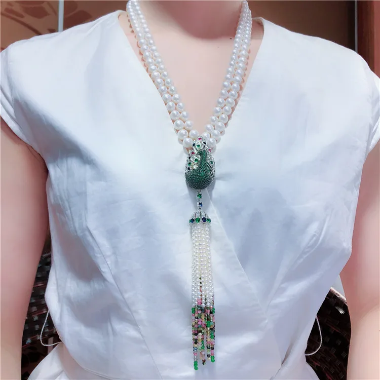 

Hot style 2strands 8-9mm white freshwater pearl micro inlay zircon peacock flower accessories tassel pendant necklace 56-58cm