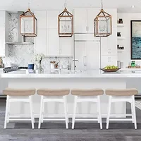 Solid Wood Saddle Kitchen Stools Set of 4 with Beige PU Leather Cushion Counter Height Barstools Wooden Base Comfortable Pub 1