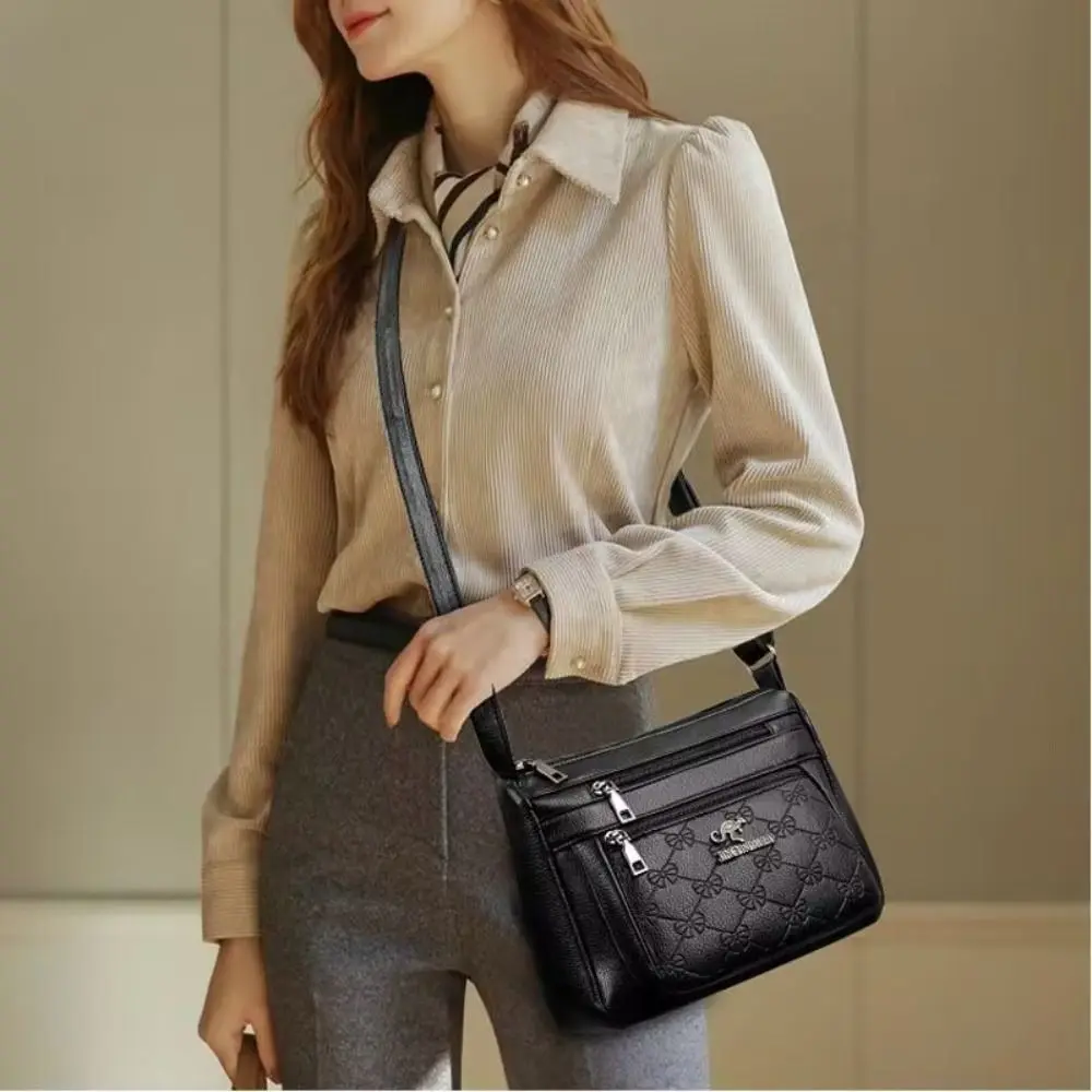 Fashion PU Leather Buying Vegetable Bag Multi-layer Black Shoulder Messenger Bag Elegant Middle-aged Mother's Bag Crossbody Bag