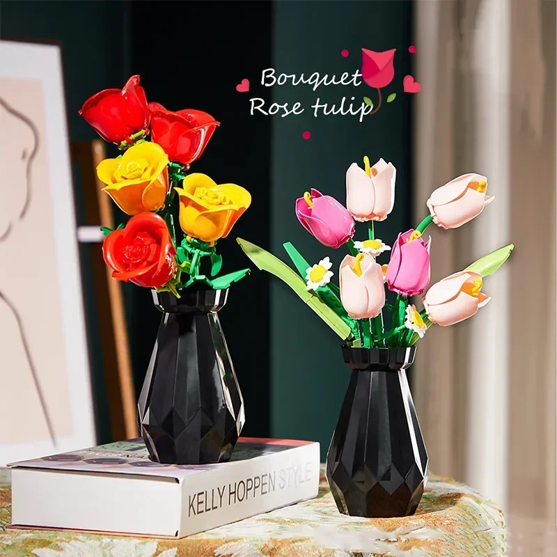 장미 튤립 꽃 모델 빌딩 블록 세트 3D 꽃다발 브릭 DIY 어린이 장난감 홈 데코레이션 성인용 소녀들을 위한 휴일 선물