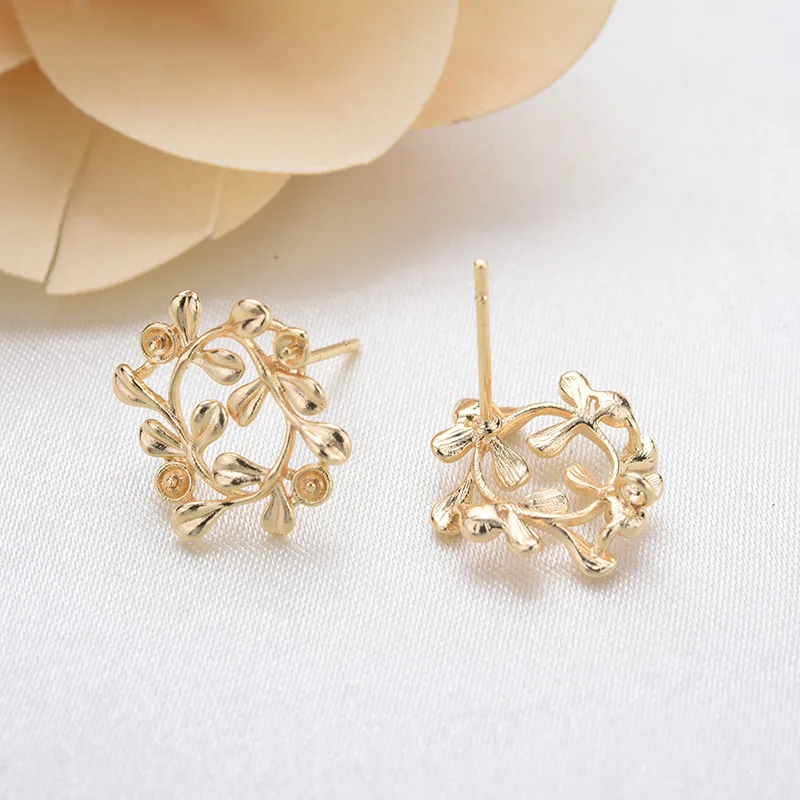 (2649)6PCS 12MM 24K Gold Color Brass Leaf Leaves Stud Earrings High Quality Diy Jewelry Findings Accessories