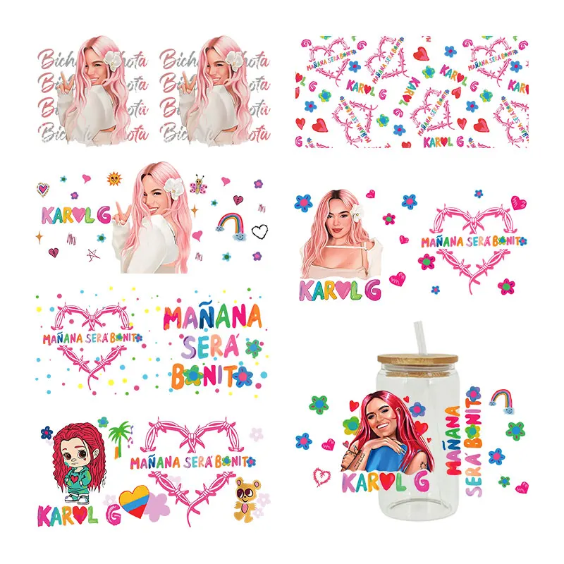 UV DTF Karol g Transfer Happy Juice Printed Sticker for 16oz Libbey Glasses Wraps Bottles Cup D977