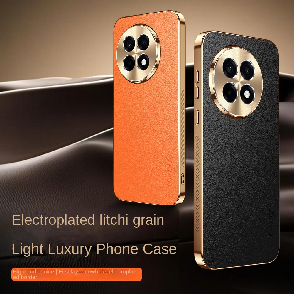 Premium Cowhide Lychee Texture Electroplated Frame Case with Lens Protection