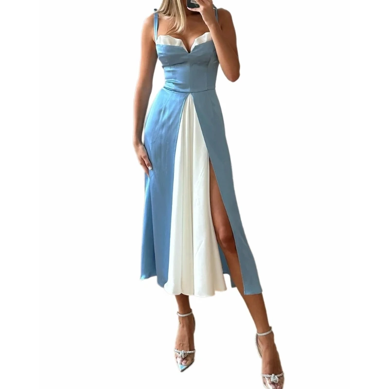 

Женские летние повседневные платья-миди с цветными блоками на бретельках с высокой талией