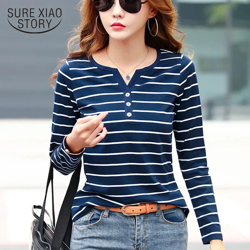 Spring and Autumn New Crew Neck Button Semi-Open Women's Long Sleeve T-Shirt Fashionable Slim Striped Casual Women's Shirt