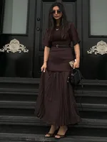 2025 Chic Splicing Brown Half Sleeve Maxi Dress Women’s Casual Pleated A-line Slim Vestidos Female Office Commute Street Robes 1