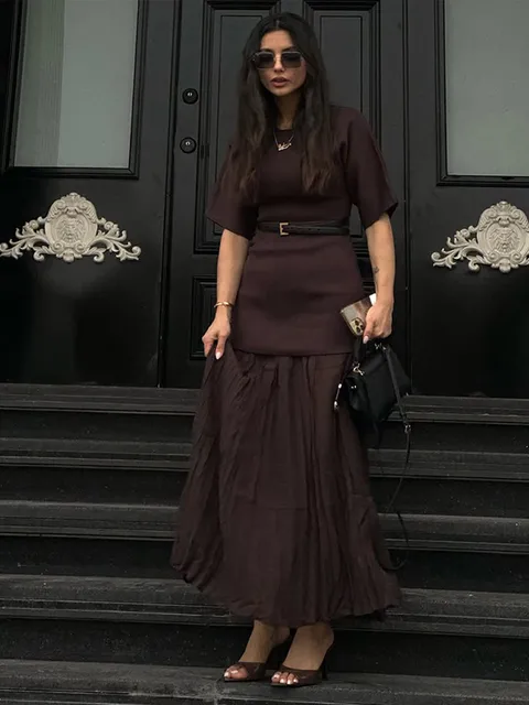 2025 Chic Splicing Brown Half Sleeve Maxi Dress Women's Casual Pleated A-line Slim Vestidos Female Office Commute Street Robes 3