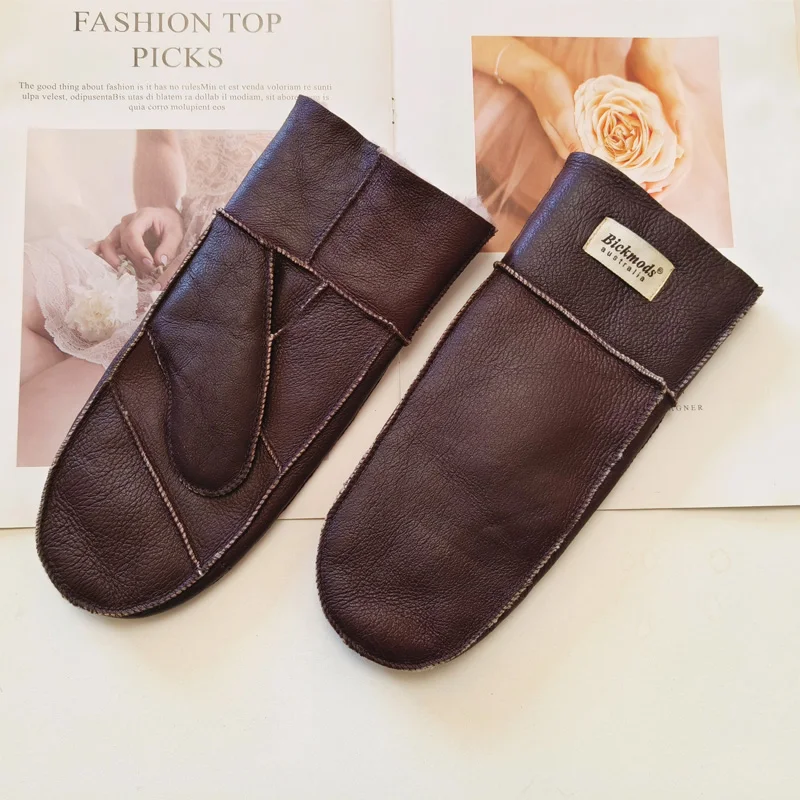 New Winter Warm Women's Sheepskin Gloves Thickened Wool Lined Solid Finger Leather Gloves