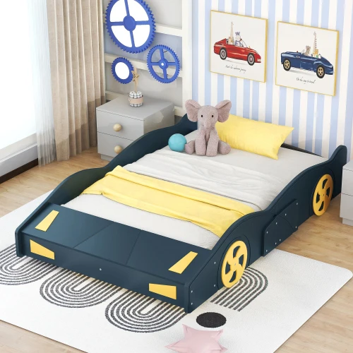 Full Size Race Car-Shaped Platform Bed with Wheels and Storage, Dark Blue+Yellow 2