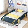Full Size Race Car-Shaped Platform Bed with Wheels and Storage, Dark Blue+Yellow 2