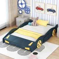 Full Size Race Car-Shaped Platform Bed with Wheels and Storage, Dark Blue+Yellow 2