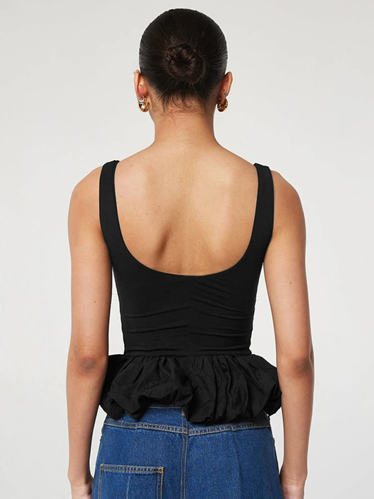 Ruffle Trim Women Tops Solid Concise All-matched Summer U-neck Backless Slim Crop Tanks Female Romantic Trend Streetwear