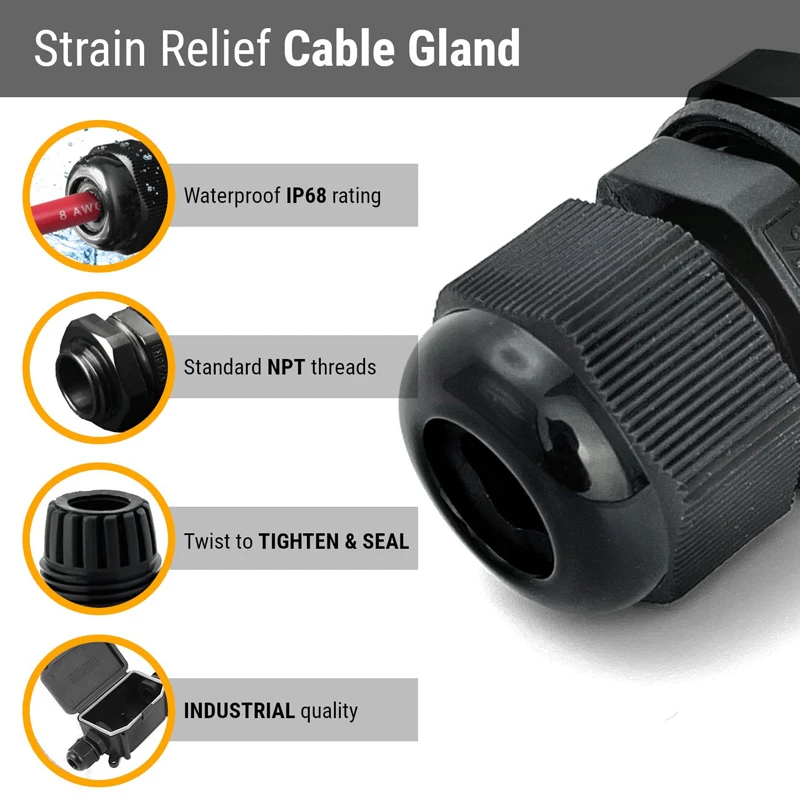 20 Pcs IP68 Waterproof Cable Gland Kit Nylon NPT Adjustable Cable Connector Assortment 1/4&rdquo; 3/8&rdquo; 1/2&rdquo; 3/4&rdquo; 1&ldquo; for Waterproof Box