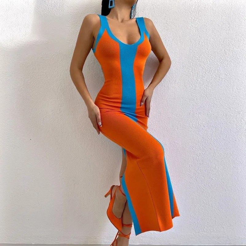 Women Fashion Contrast Stripe Dress Casual V Neck Sleeveless Long Dresses 2023 Summer Female Chic Backless Knit Maxi Vestidos