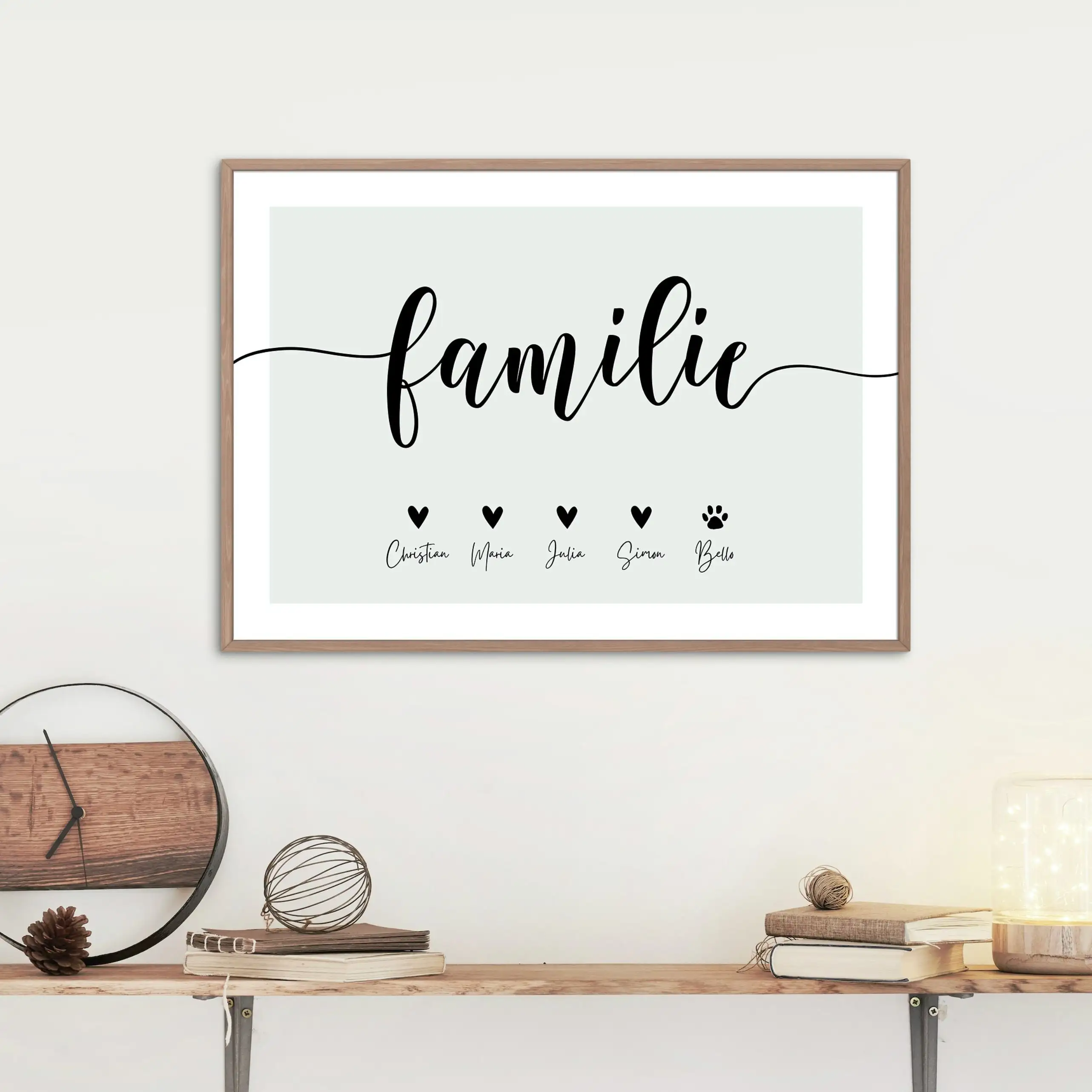 Poster Personnalisé Famille Avec Noms Et Cœurs - Cadre Bois Noir A5, Décoration Murale Salon Ou Cuisine, Cadeau Original Pour La Maison