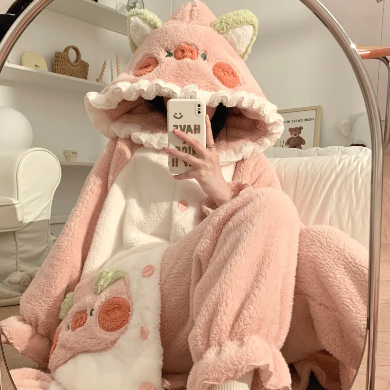 

Winter Women's Pajamas Kigurumi Pig Sleepwear Thicken Pyjamas Warm Nightgown Hooded Homewear Cosplay Party Loungewear with Pants