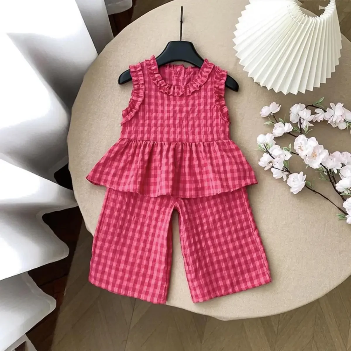 Children's Clothing Sets Retro Plaid Sleeveless Shirt +Flared Palazzo Pants 2pcs Sets Kids Boutique Clothes Baby Girl Outfit Set S322eca63a0ec4dab9b40c88597a78243J