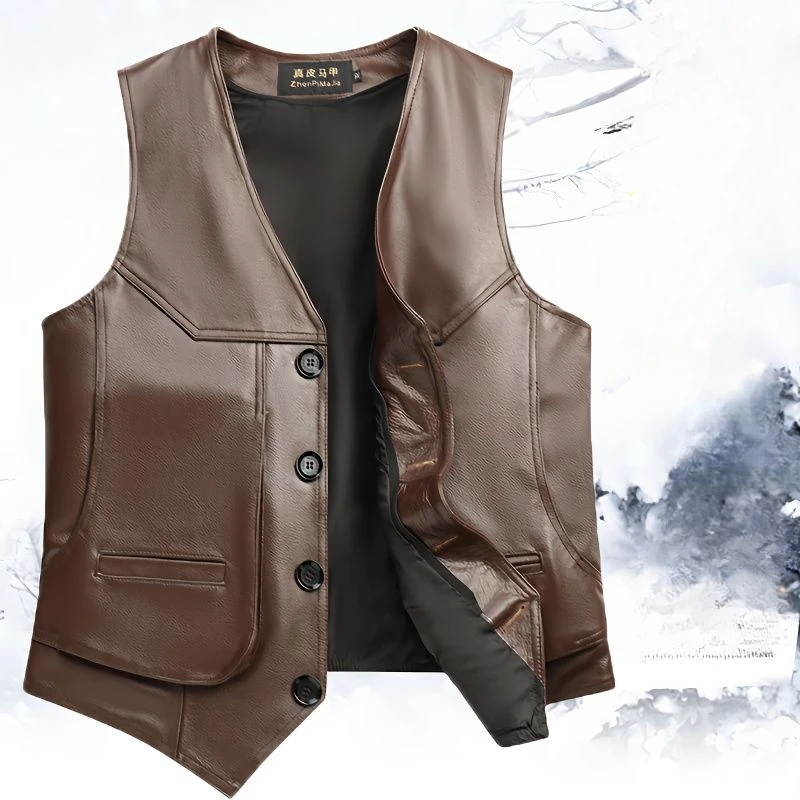 

2023 Spring Autumn Men's Fashion Genuine Leather Vest Coats Male Warm Top Layer Cowhide Vest Men V-neck Buttons Waistcoat D564