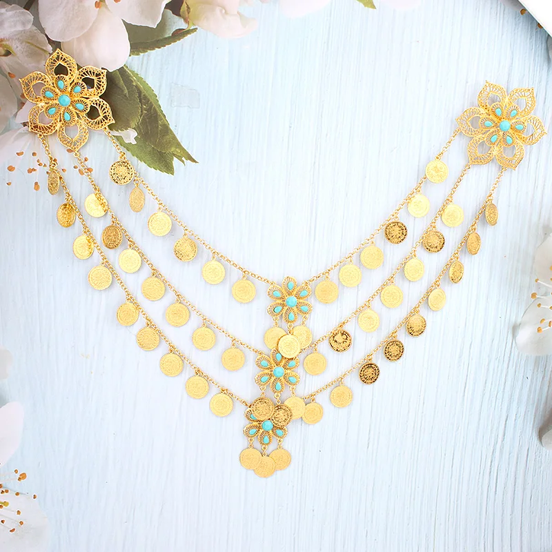 

Arabian Women Shoulder Chain Coin Gold Plated Charm Floral Engraving Israel Coins Jewelry Women Wedding Gift Wholesale Mayoreo