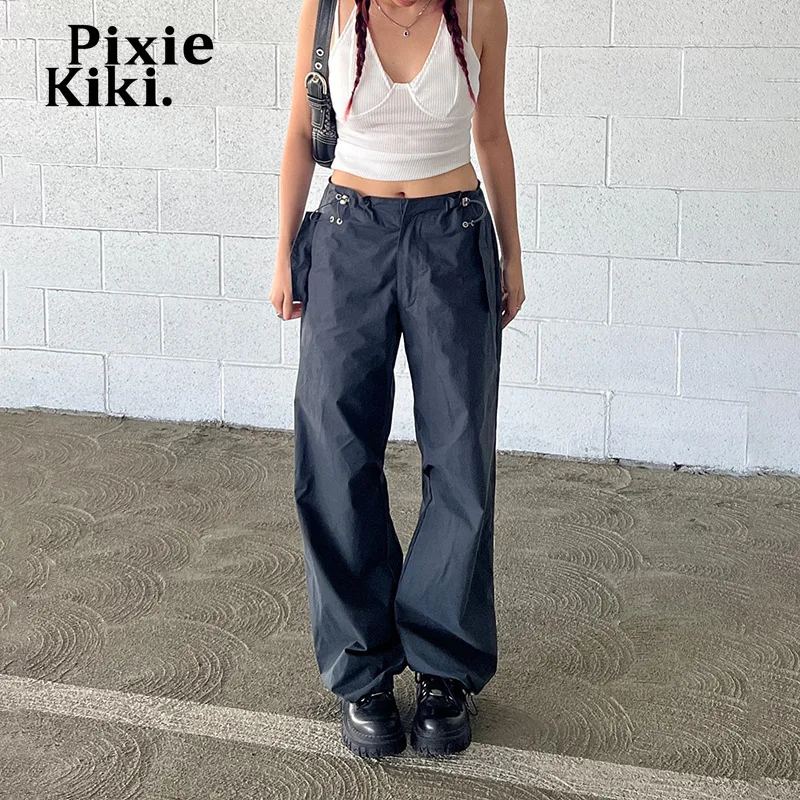 Pixiekiki Low Waist Drawstring Vintage Cargo Pants Y2k Streetwear Women