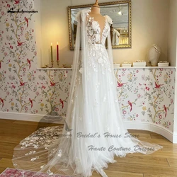 Robe Mariage Civil Bohemian Wedding Dress V Neck Floral Lace Sexy Bridal Off White Tulle Long Beach Wedding Gowns 2023 Open Back