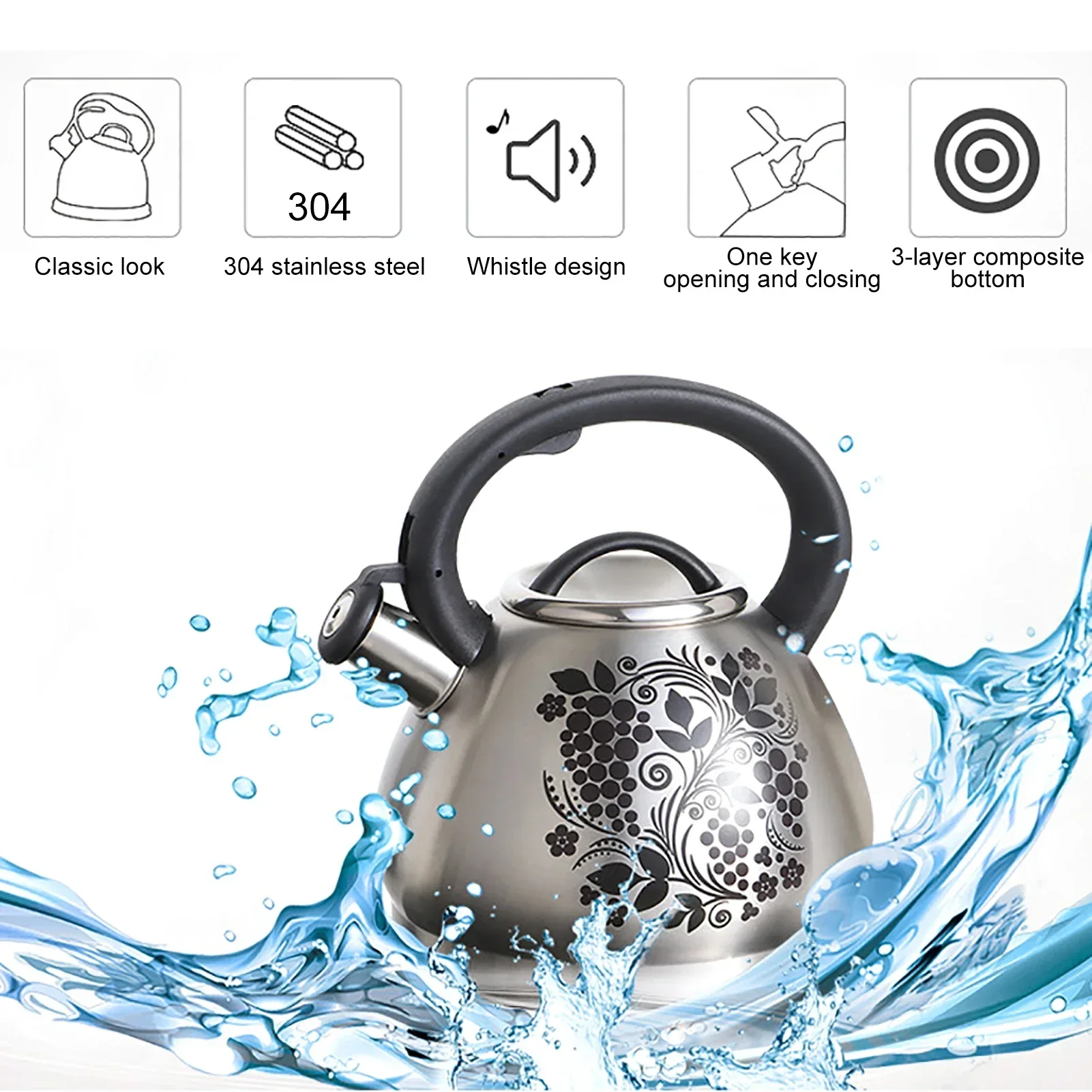 3L Stainless Steel Kettle Whistling Tea Kettle Whistle Cooker Color Change Induction Gas Stove Camping Cooking Tools
