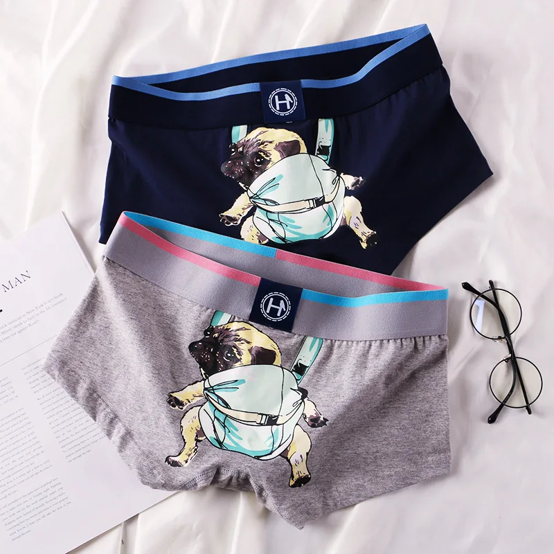 M-3XL Cute Men's Boxers Cotton Breathable Underwear Funny Cartoon Dog Print Youth Student Shorts Sexy Elastic Male Underpant