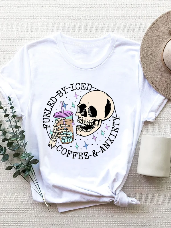 

A Happy Skeleton with A Cold Drink Funny Print Female T-shirt Fueled By Iced Coffee and Anxiety Slogan Shirt Voguish Female Tee