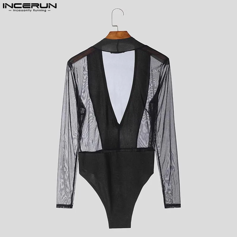 American Style Homewear Men's Splicing Mesh Jumpsuits Male Casual Bodysuits INCERUN