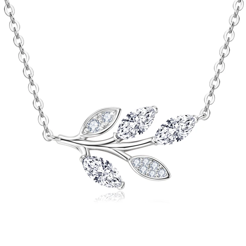 Silver Marquise Cut Moissanite Leaf Pendant Necklace