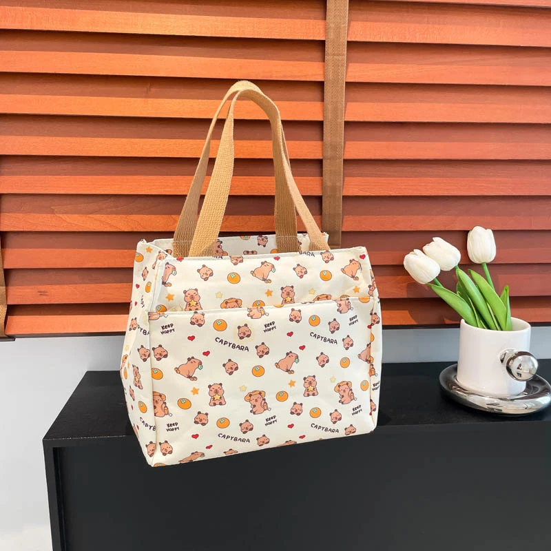 Women Canvas Cute Printed Handbag Large Capacity Adorable Capybara Tote Wear Resist Nylon Student Shoulder Bag Trip Beach Bag
