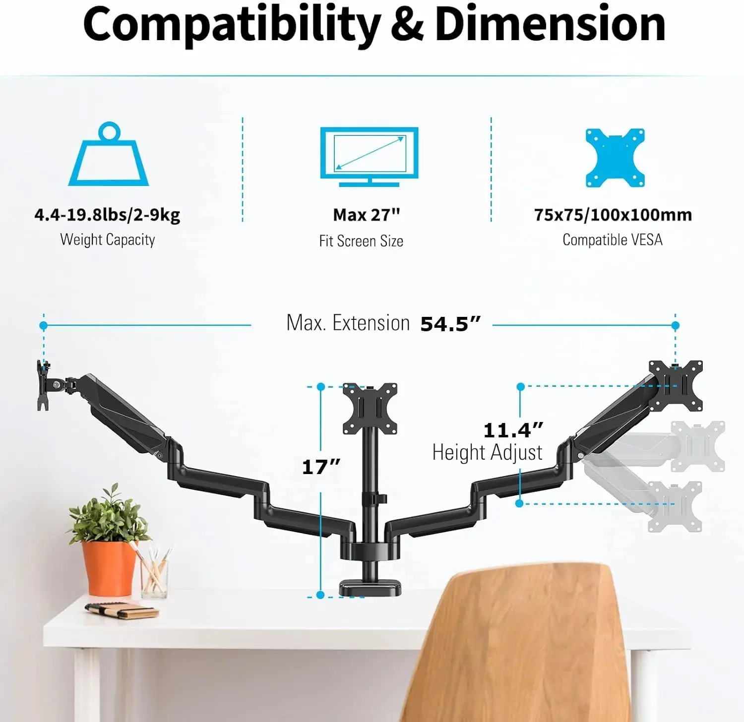 Triple Monitor Mount, Three Monitor Desk Mount for Max 27 inch Computer Screens, Triple Monitors Stand with Gas Spring, Monitors