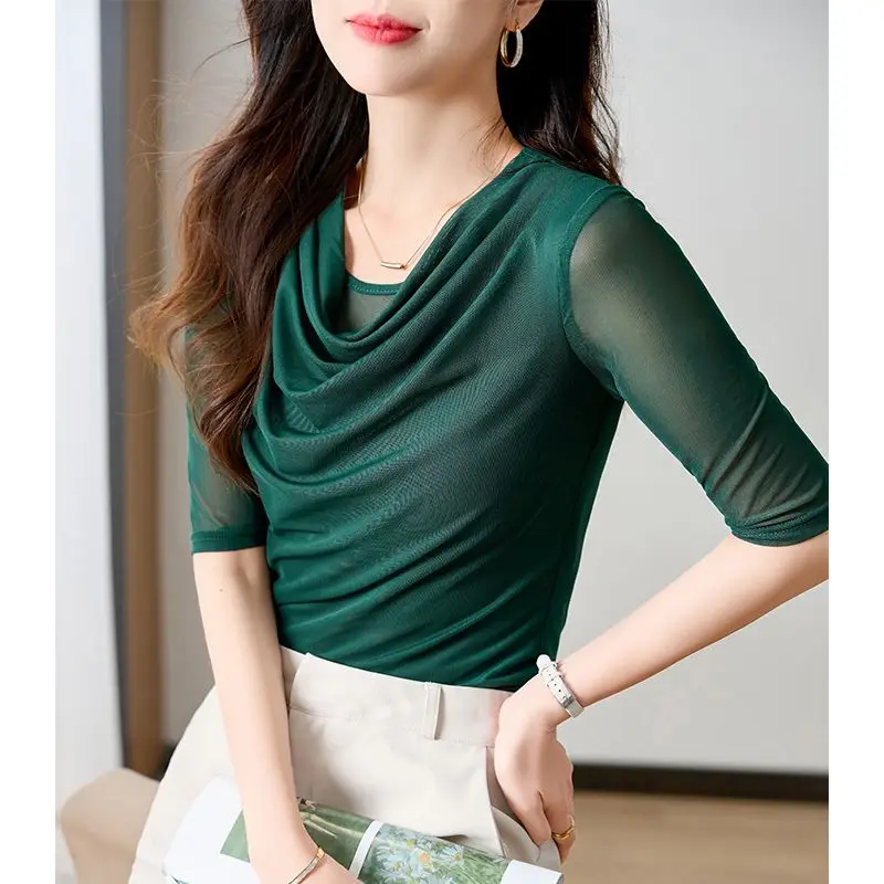 

Summer Net Yarn Pleated Slim Tops Half Sleeve O-neck Solid Elegant All-match Bottoming Shirt Temperament Vintage Women Clothing
