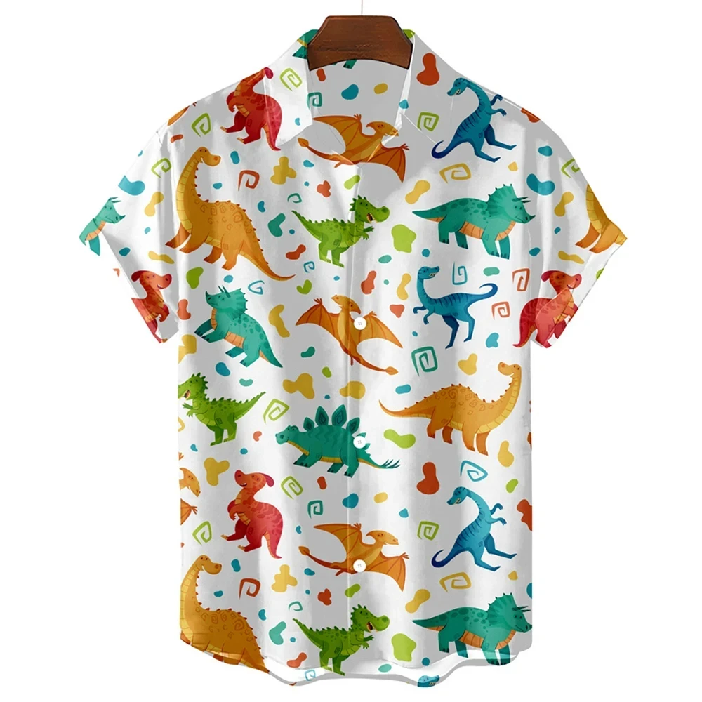 

Black And White Hawaiian T-Shirt Men's Shirt 3D Digital Printing Cute Dinosaur Men's Shirt Lapel Oversized Short-Sleeved Top