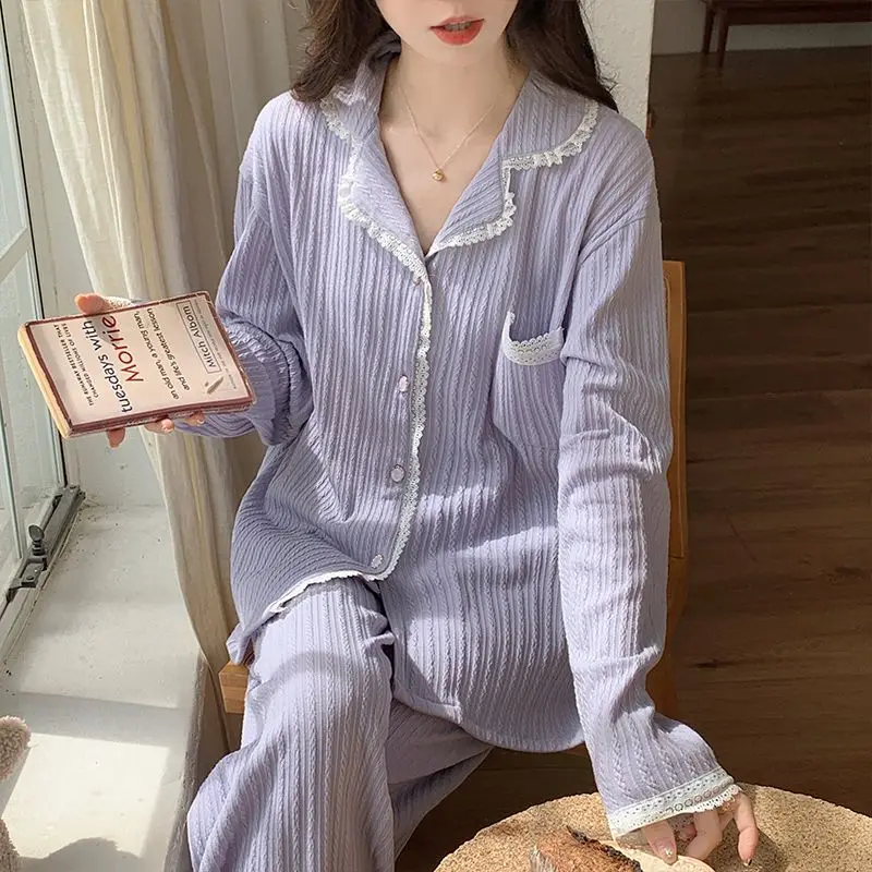 2024 Spring Autumn New Pajamas Women Simple Casual Cardigan Lapel Homewear Suit Female Pure Cotton Long-Sleeved Sleepwear Sets
