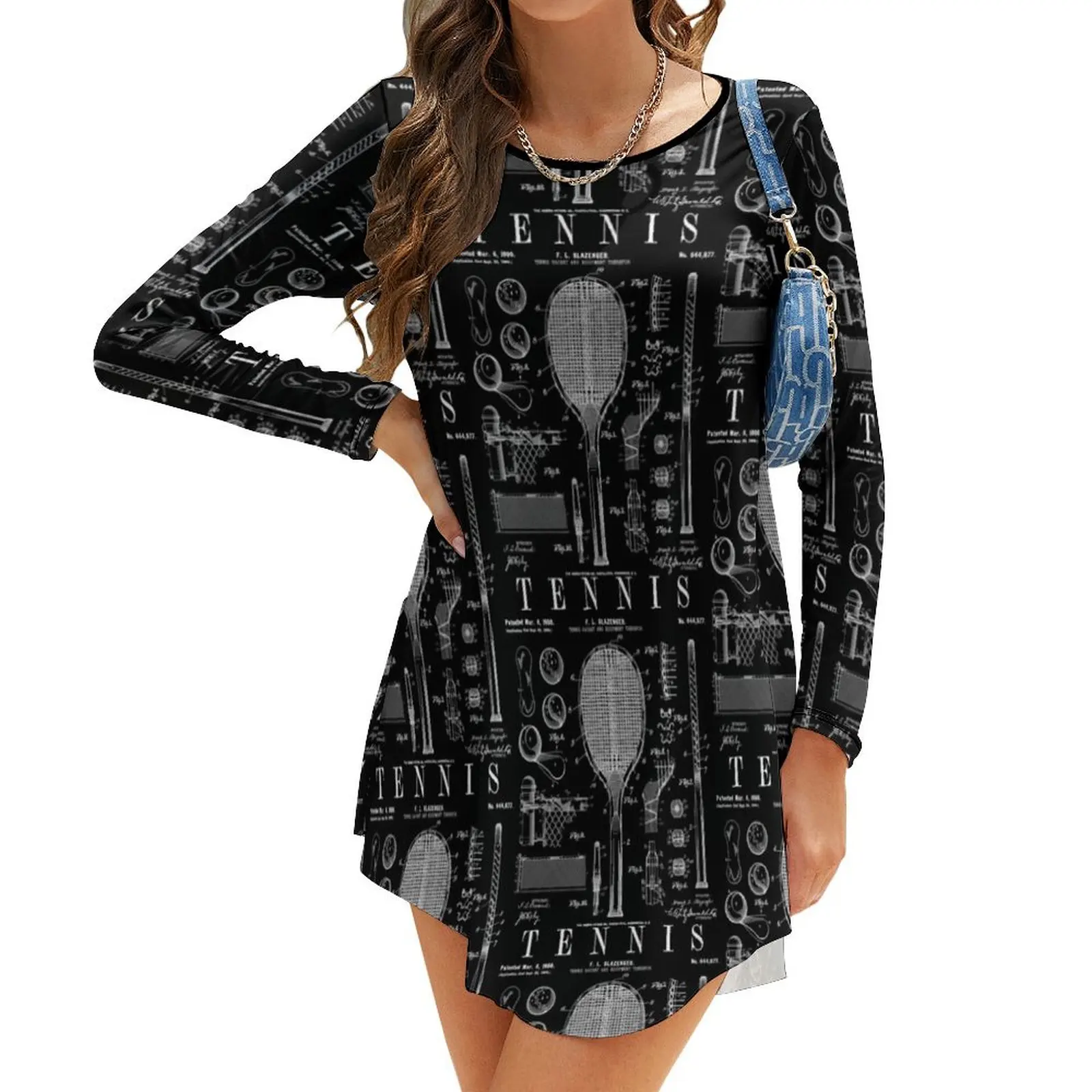 

Tennis Racket And Ball Old Vintage Patent Drawing Print Long-Sleeve Dress Dance dresses Women's summer dresses
