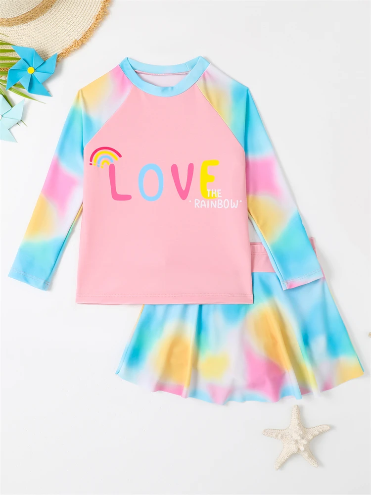 Girls Kids Swimsuit Tie Dye Long Sleeve Split Short Skirt Children Swimwear Summer Beachwear Bathing Suit For Swimming girls swimsuit